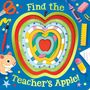 "Find the Teacher's Apple!" In der Mitte ein buntes Apfelmuster. Umgeben von Schulutensilien und einem Hamster.