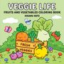 "VEGGIE LIFE – FRUITS AND VEGETABLES COLORING BOOK – HIKARU KOTZ." Illustration: Fröhliche Gemüsefiguren, Blumen und Schmetterlinge.