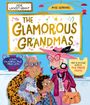 "The Glamorous Grandmas". Zwei stilvolle Großmütter mit bunten Outfits, großer Brille, Hut, Kind und Hund in fröhlicher Szene.