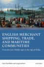 Ein Hafen mit vielen Schiffen, Menschen auf dem Pier. Text: "English Merchant Shipping, Trade, and Maritime Communities".