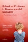 „Behaviour Problems in Developmental Disorders“ in rot auf rosa Hintergrund, Kind mit lockigem Haar im Vordergrund.