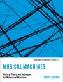 "Musical Machines" von Scott Barton. Blaue Linien auf weißem und blauem Hintergrund, technisch modernes Design.