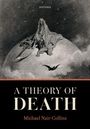 "OXFORD. A Theory of Death. Michael Nair-Collins." Eine Gestalt mit Sense sitzt auf einem Planeten, umgeben von Sternen.