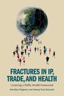"Fractures in IP, Trade, and Health" in großen türkisfarbenen Buchstaben. Menschen laufen von einer gesprungenen Weltkugel weg.