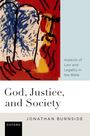 "God, Justice, and Society" von Jonathan Burnside. Illustration mit blauen Tafeln und Gesichtsstrukturen auf rotem Hintergrund.
