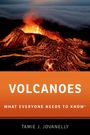 Text: "VOLCANOES", "WHAT EVERYONE NEEDS TO KNOW®", "TAMIE J. JOVANELLY". Ein aktiver Vulkan mit fließender Lava bei Nacht.