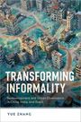 Texte: "Transforming Informality, Redevelopment and Urban Governance in China, India, and Brazil, Yue Zhang." Luftaufnahme: Dichte Gebäude, grüne Abdeckung.