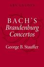 "ABS GUIDES. BACH’S Brandenburg Concertos. George B. Stauffer." - Weißer Text auf rotem Hintergrund mit Verzierungen.