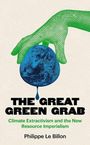 „THE GREAT GREEN GRAB“ steht im Vordergrund. Eine grüne Hand greift nach einem blau-grünen Planeten, darunter ein Tropfen.