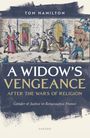 "A Widow's Vengeance" in großen Buchstaben; zeigt historische Szene mit altertümlich gekleideten Menschen in Bewegung.