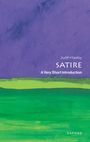 Text: "Judith Hawley SATIRE A Very Short Introduction OXFORD". Malerische, abstrakte grüne und violette Farbfelder.