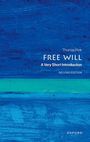 Text: "Thomas Pink, FREE WILL, A Very Short Introduction, SECOND EDITION." Blaues, abstraktes Design mit horizontalen Linien.