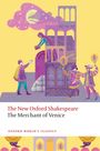 Text: "The New Oxford Shakespeare: The Merchant of Venice." Illustration mit Figuren in bunter Kleidung um ein Gebäude.