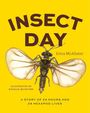 „INSECT DAY“ von Erica McAlister. Illustration: eine detaillierte Zeichnung eines fliegenden Insekts vor gelbem Hintergrund.