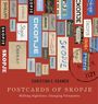 „SKOPJE“ in verschiedenen Schriftarten und Sprachen. Titel: „POSTCARDS OF SKOPJE“. Gestaltet auf rotem Hintergrund.