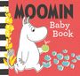 „MOOMIN Baby Book“ in dicker Schrift auf rotem Hintergrund. Zeichnung: Mumin hält einen grünen Apfel, umgeben von Blumen.