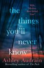 "Wife. Mother. Best friend. Liar?" "The things you'll never know." "Ashley Audrain." Ein dunkler Vorhang vor einem Himmel bei Sonnenuntergang.