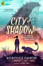 „City of Shadow“ steht in großen Buchstaben. Darunter ein Berg mit Windrädern, davor ein Kind und eine Katze.
