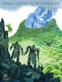 Oben steht "FINAL COVER TO BE REVEALED". Zwei Roboter schauen auf grüne Hügel und einen blauen Berg.