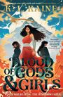 "Brimming over with myth and magic" und "Immersive world-building." Drei Menschen und fliegende Vögel vor einem bunten Himmel.