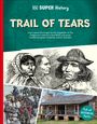 "TRAIL OF TEARS" in großen Buchstaben. Illustrationen und Fotos zeigen indigene Menschen, einen historischen Umzug und eine Hütte.