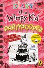 "DIARY of a Wimpy Kid: PART YPOOPER" in bunten Buchstaben. Illustration: Junge auf Geburtstagskuchen. Bunt verzierter Hintergrund.