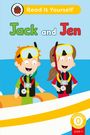 "Jack and Jen" in bunten Buchstaben. Zwei Kinder mit Schnorcheln auf einem Boot, fröhliche Gesichter, klare blaue Szenerie.