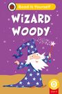 „Wizard Woody“ in großen weißen Buchstaben auf lila Hintergrund. Illustration: ein Zauberer in blauem Gewand mit Sternen.