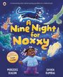 „A Night for Noxxy“, Kinderbuchcover, zeigt ein fröhliches Kind in einem pyjamaähnlichen Outfit mit Tieren im Weltraum.