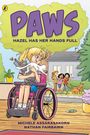 "PAWS: HAZEL HAS HER HANDS FULL" steht oben. Eine Illustration zeigt ein Mädchen im Rollstuhl mit zwei Katzen im Arm.