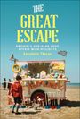 „THE GREAT ESCAPE“ oben in gelb; ein Strandkiosk mit „FRUIT DRINKS“, bunten Bällen und Flaggen. Ein Kind steht davor.