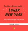 „Ten More Sleeps Until... Lunar New Year“ in schwarzer Schrift auf rotem Hintergrund mit leuchtenden Punkten, Logo unten.