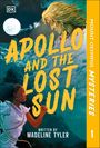 „APOLLO AND THE LOST SUN“, rollengelockter Apollo schaut, Frau in weiß läuft, Vollmond, Wagen mit Pferd, orange Rand.