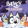 "BLUEY: THE SLEEPOVER, A LIFT-THE-FLAP PICTURE BOOK" steht über drei überraschten Hunden in einer nächtlichen Gartenszene.