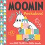 "Moomin Peekaboo!", großes weißes Wesen mit Bauklötzen, bunte Muster an der Seite, Blumenillustrationen.