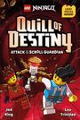 "Quill of Destiny: Attack of the Scroll Guardian." Lego-Figuren in Actionpose vor einem rot-dynamischen Hintergrund.
