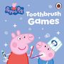 „Toothbrush Games“: Zwei lächelnde Cartoon-Schweine mit Zahnbürsten, eines hält Zahnpasta. Oben links „Peppa Pig“-Logo.
