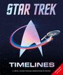 „STAR TREK“ steht oben, darunter „TIMELINES“. Ein Raumschiff fliegt um ein großes, stilisiertes Logo.
