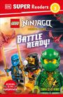 "Super Readers Level 2", "LEGO Ninjago Dragons Rising", "Battle Ready!". Drei LEGO-Ninjas mit Schwertern, bunte Drachen.