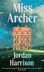 „Miss Archer, Jordan Harrison.“ Ein verziertes Gebäude vor blau-grünem Hintergrund in einer künstlerischen Illustration.