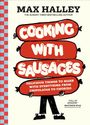 "Cooking With Sausages" als Titel in Würstchen-Illustrationen. Füße unter Würstchen. Links: Karo-Muster.