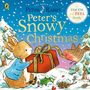 "Peter's Snowy Christmas" in gelb und "A Touch and Feel Book" in einem Kreis. Illustration: Hase mit Geschenk im Schnee.