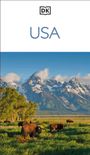 „USA“ in großen Buchstaben. Darunter eine malerische Landschaft mit Bisons vor schneebedeckten Bergen. Oben ein Logo: „DK“.