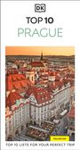 „TOP 10 PRAGUE“ in großer Schrift, darunter „TOP 10 LISTS FOR YOUR PERFECT TRIP“. Luftaufnahme einer Stadt mit roten Dächern.