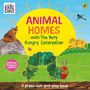 "ANIMAL HOMES with The Very Hungry Caterpillar" vor einer Sonne, umgeben von Tieren und einer bunten Raupe.