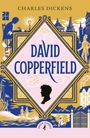"David Copperfield" von Charles Dickens; bunte Illustration mit Szenen und Silhouetten, darunter eine Kopfprofil-Silhouette.
