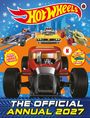 "Hot Wheels: The Official Annual 2027" steht oben. Mehrere farbige Rennwagen davor, umgeben von Schneeflocken und Stadtmotiv.
