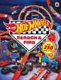 "Hot Wheels Search & Find" steht über einem Spielzeug-Rennstrecken-Set mit farbigen Loopings und Autos.