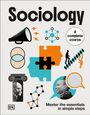 "Sociology", "A complete course", "Master the essentials in simple steps". Illustrationen mit Megafon, Puzzleteilen, Köpfen und Treppe.