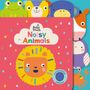 Auf der Vorderseite steht "Baby Touch Noisy Animals". Illustration eines Löwen auf rotem Hintergrund mit bunten Tieren am Rand.